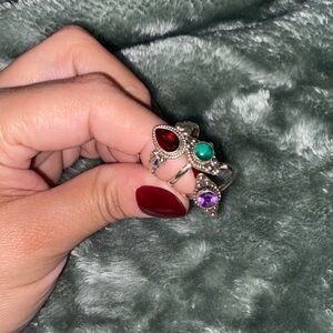 3 Sterling Silver Rings (Garnet, Amethyst & Green Turquoise)